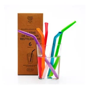 Mejor Calidad PAJITAS REUTILIZABLES DE SILICONA (SET 6 UDS) COLORES SURTIDOS - INCLUYE LIMPIADOR