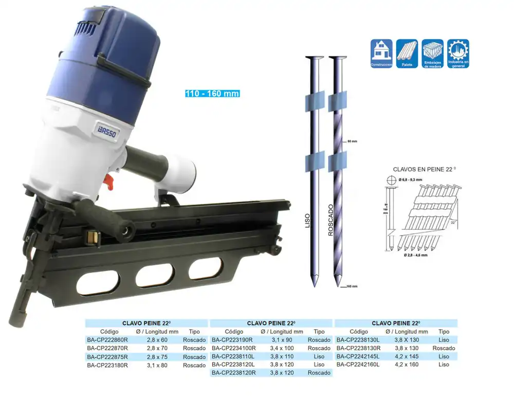 Última Oportunidad CLAVADORA NEUMATICA CLAVO PEINE 22º de 110 a 160 mm BASSO BEX-A22160A1