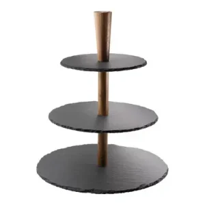 No Te Lo Pierdas BANDEJA Ø 18CM SOPORTE 3 ALTURAS SET PRESENTACION PIZARRA Y ACACIA + 4 CUCHILLOS QUESO