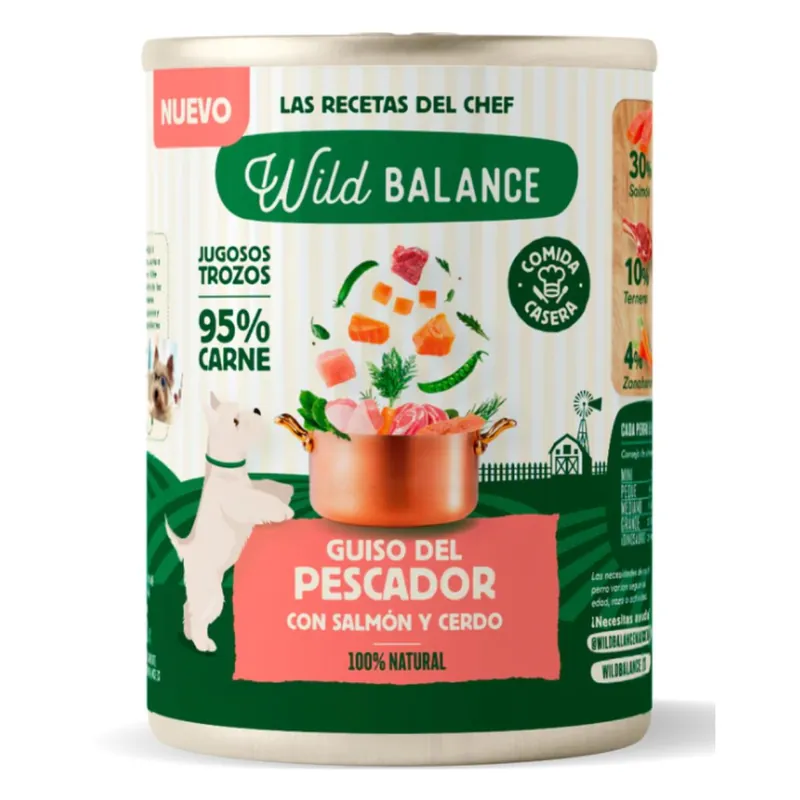 Lata completa Guiso del Pescador con Salmón y Cerdo para Perros Wild Balance 400 g Más Vendido