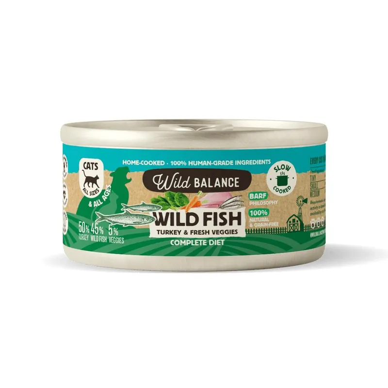 Ordena Ya Lata de Pescado y Pavo BARF para gatos Wild Balance 120 g
