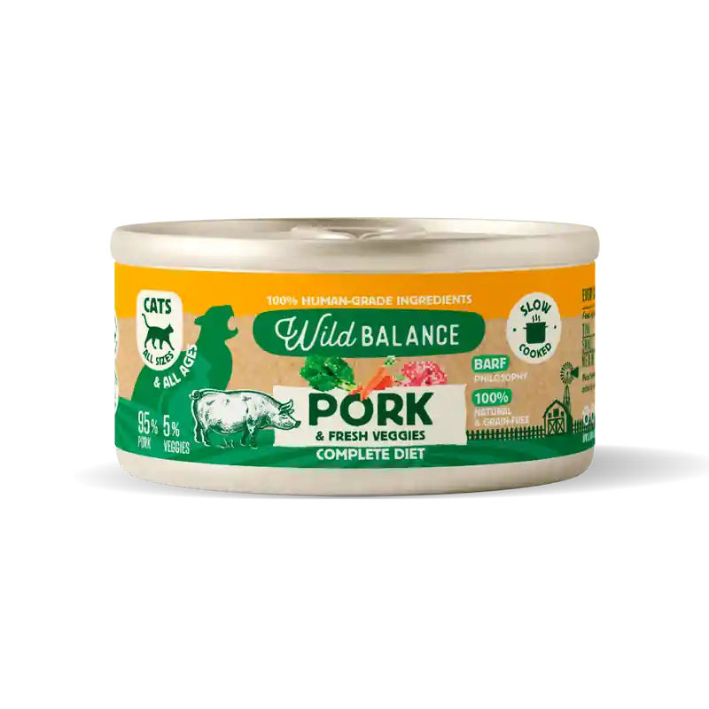 Oferta Lata de cerdo y verduras BARF para gatos Wild Balance 120 g