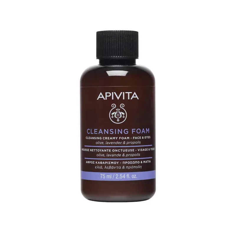 Hecho A Mano Crema espuma limpiadora facial y ojos con oliva y lavanda formato viaje, APIVITA 75 ml