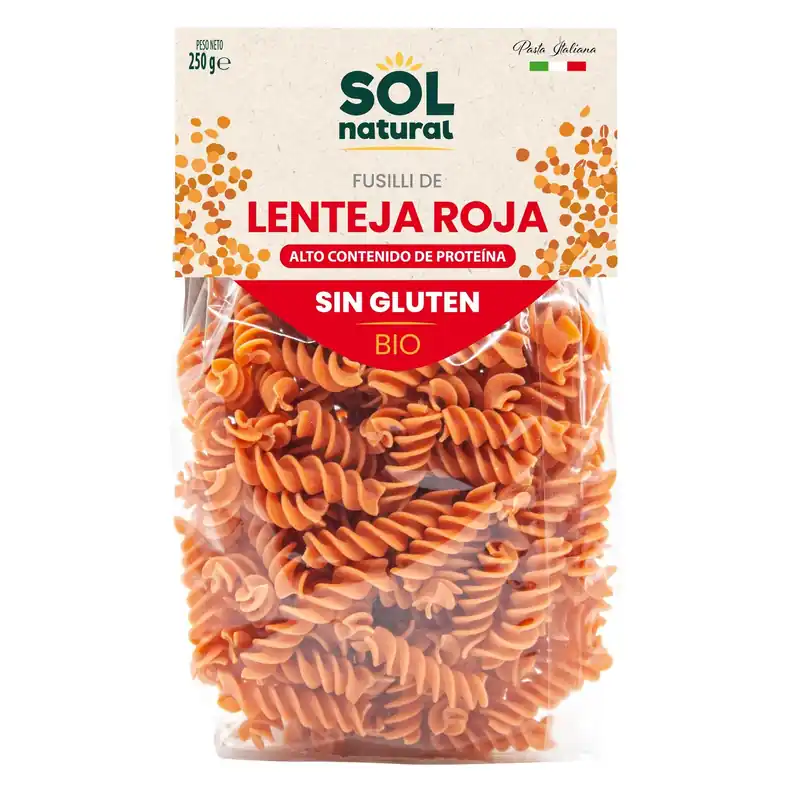 Alta Calidad Fusilli de lenteja roja sin gluten bio Sol Natural 250 g