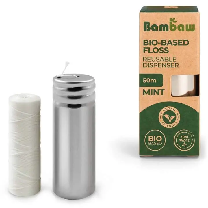 Hilo dental vegano 50 metros y dispensador acero bambaw Ordena Ya