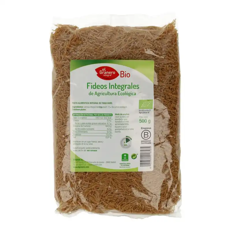 Garantía Incluida Fideos Finos Integrales de Trigo. El Granero. 500 g
