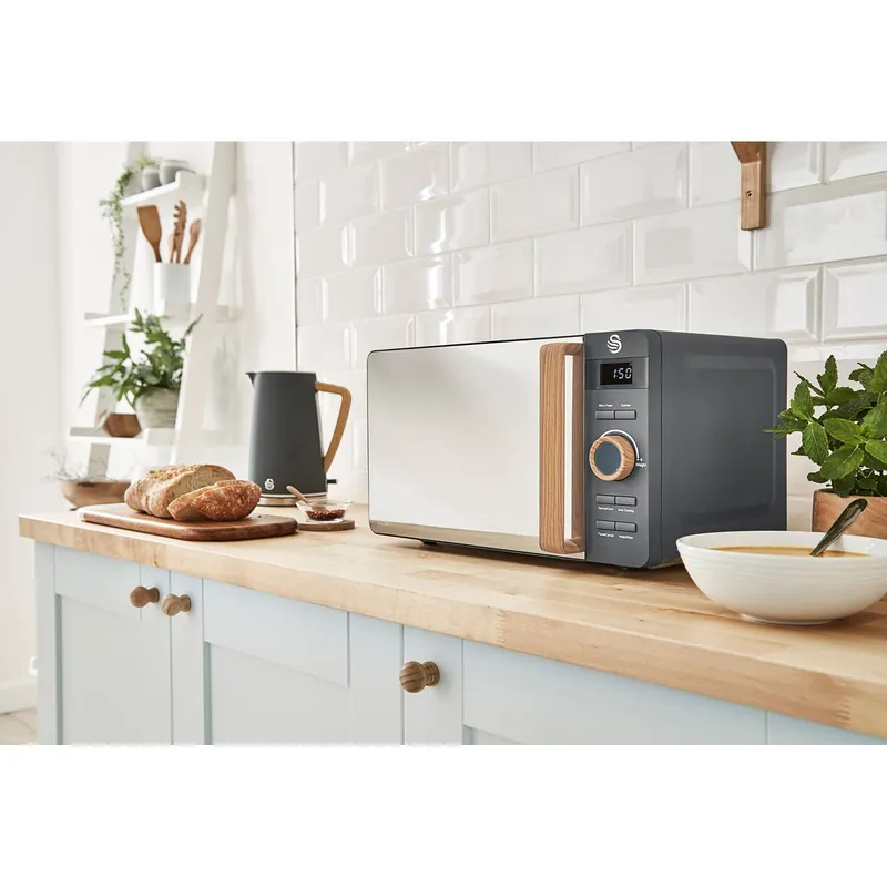 Favorito De Clientes Microondas Nordic Digital, 20l, 6 Niveles, Temporizador, Tirador Efecto Madera, Diseño Swan Sm22036 Gris