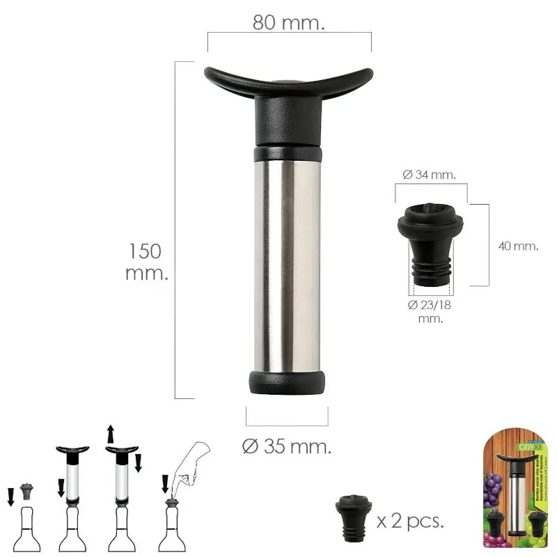 Original Bomba Vacio Vino Acero Inoxidable Con 2 Tapones
