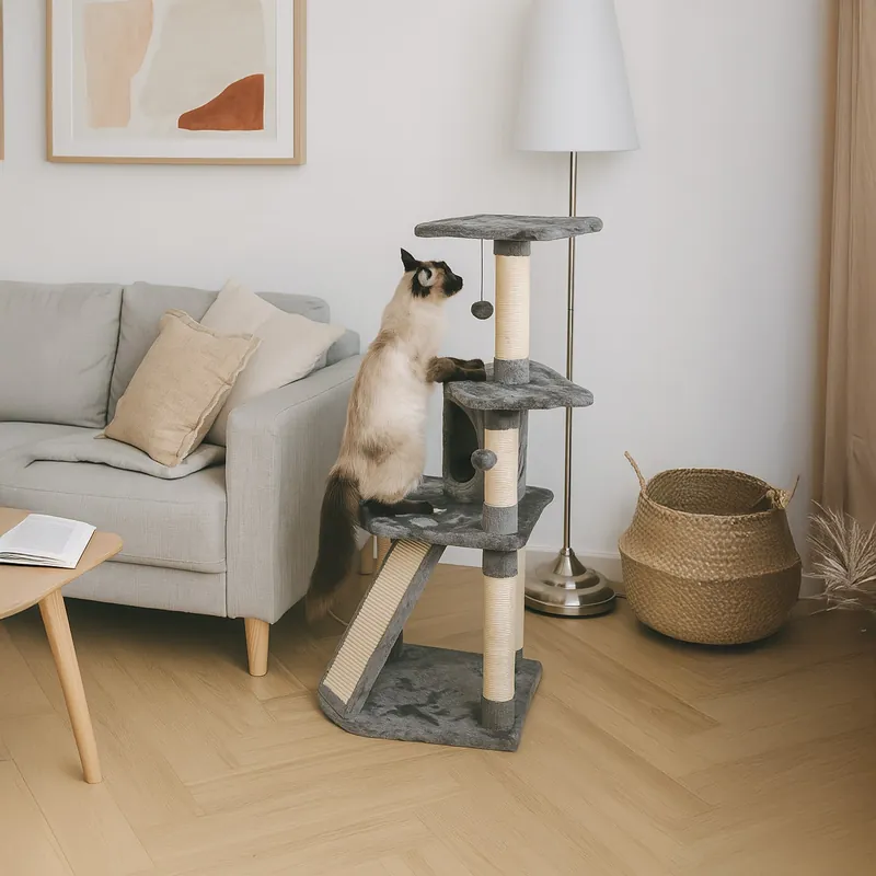 Torre Rascador Esquinero Para Gatos En 3 Niveles Gris 49x49x111cm Wuapu Modelo Prades Auténtico