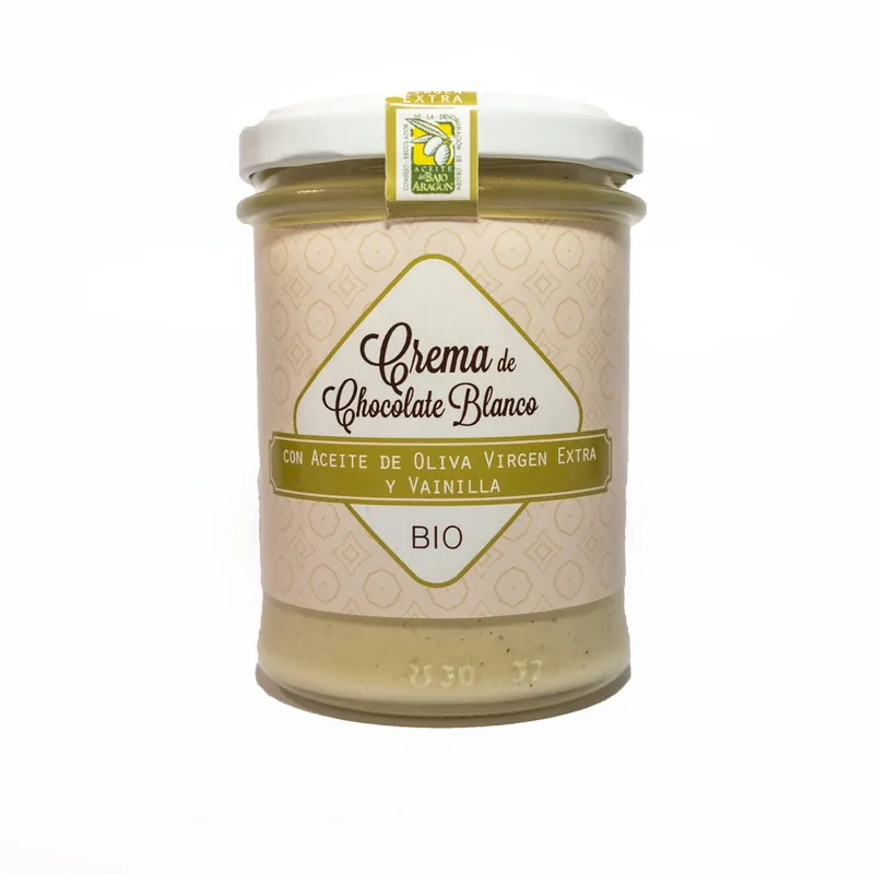 Auténtico Crema Bio de chocolate blanco para untar. Con A.o.v.e variedad empeltre y vainilla