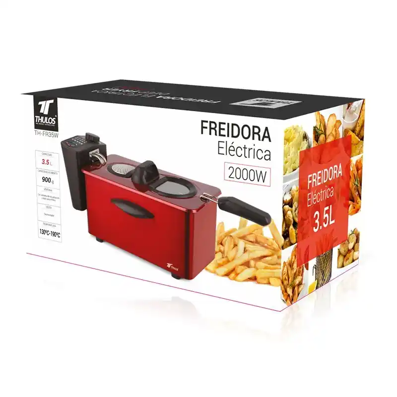 Freidora de Aceite Roja, Potencia 2000W, Capacidad 3.5 Litros, Regulador de Temperatura, Apta para Lavavajillas De Moda