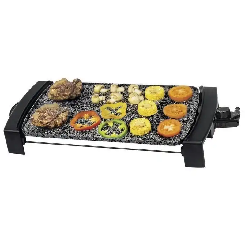 Oferta Flash Plancha Grill eléctrica 2150W piedra antiadherente, termostato ajustable, 45x25cm, ideal para carnes y verduras