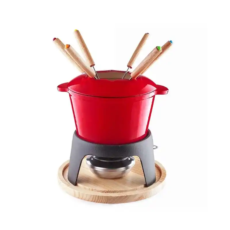 Moderno LACOR Set Fondue de Hierro Fundido Esmaltado, Soporte de Hierro con base de Madera, 6 tenedores, Rojo