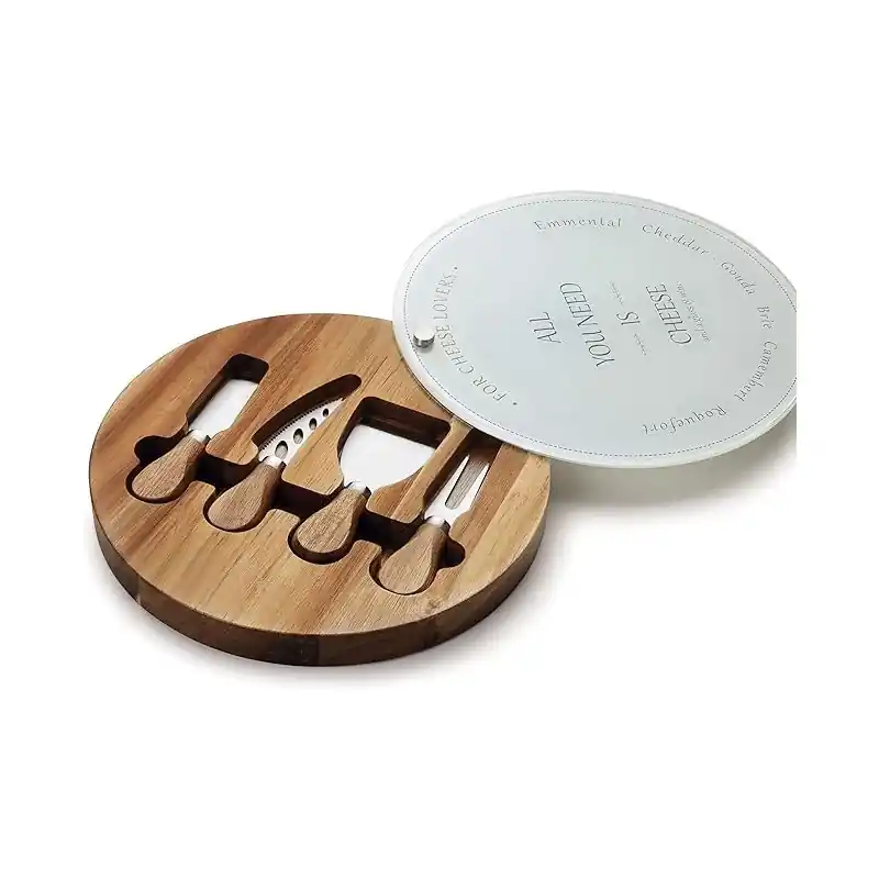 Promoción Juego de cuchillos para queso fabricada en robusta madera de acacia, incluye soporte de cristal con un diámetro de 25 cm