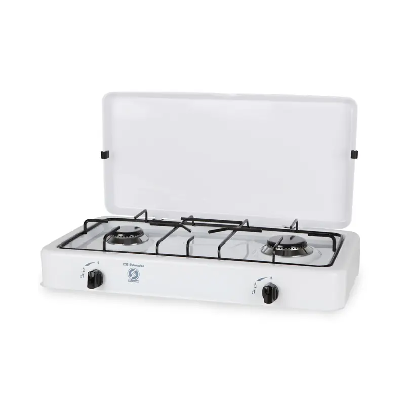 Hornillo a gas, acabado esmaltado blanco, 2 fuegos con quemadores esmaltados en negro, quemadores: 1400W y 1900W Precio Bajo