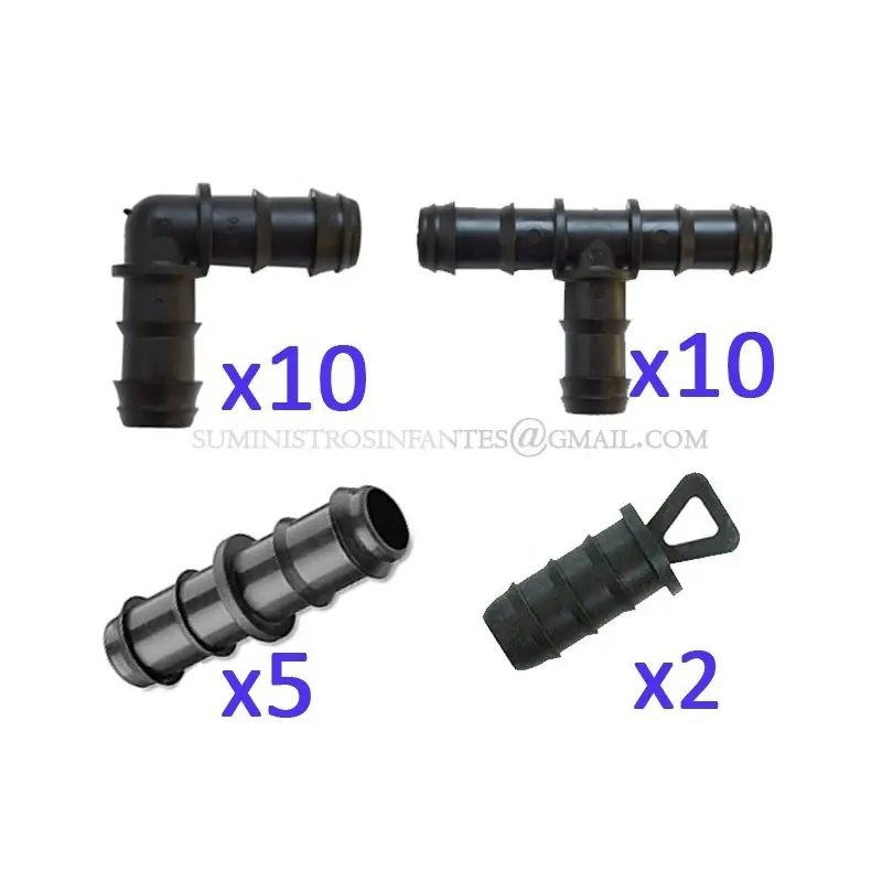 Pack Accesorios para Tuberia Riego por Goteo 16 mm negro: 10 Te + 10 Codo + 5 Enlace + 2 Tapón Mejor Calidad