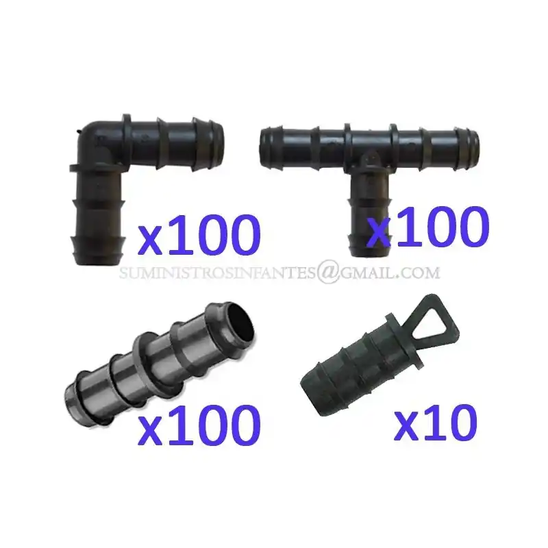 Novedad Pack Accesorios para Tuberia Riego por Goteo 16 mm negro: 100 Te + 100 Codo + 100 Enlace + 10 Tapón