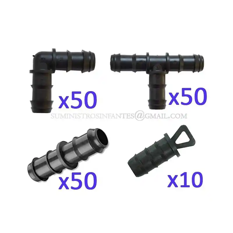 Precio Bajo Pack Accesorios para Tuberia Riego por Goteo 16 mm negro: 50 Te + 50 Codo + 50 Enlace + 10 Tapón