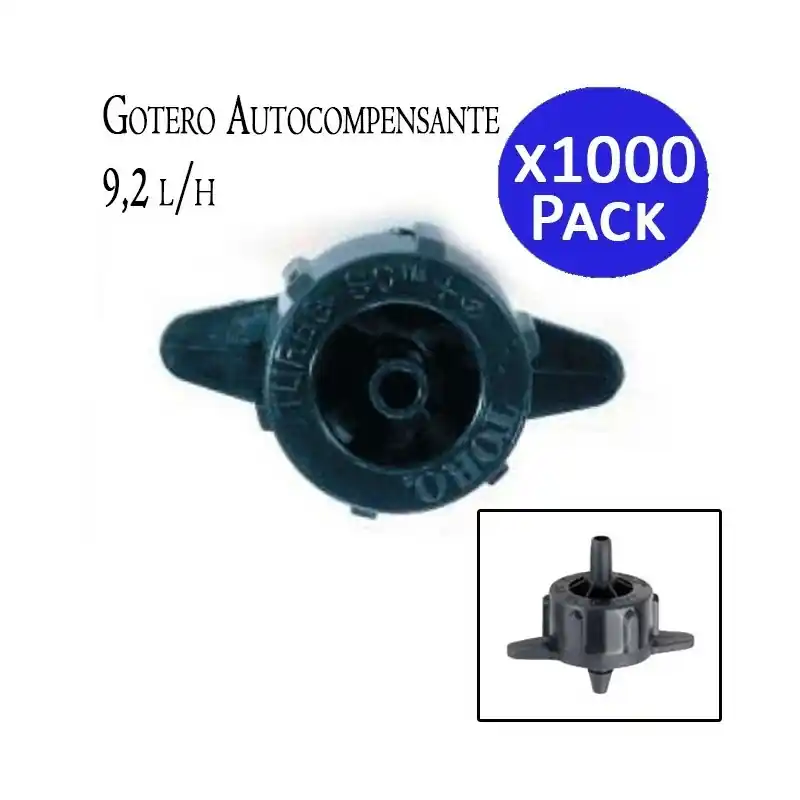Pack 1000 Gotero Autocompensante 9,2 L/h | Euro Plus Toro 9 Litros | Laberinto Ancho, Autolimpiable y Desmontable para Sistemas Certificado