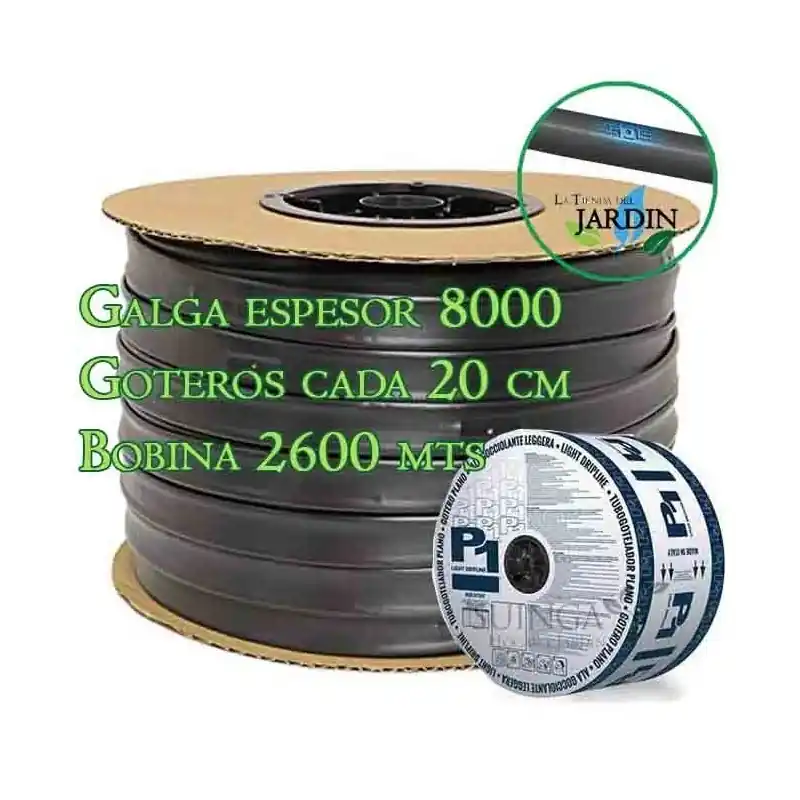 Envío Exprés Cinta plana Riego por Goteo 16mm, Tubo riego por goteo cada 20 cm, 2600 m, Tuberia plana agricola de caudal 1,5 litros/hora