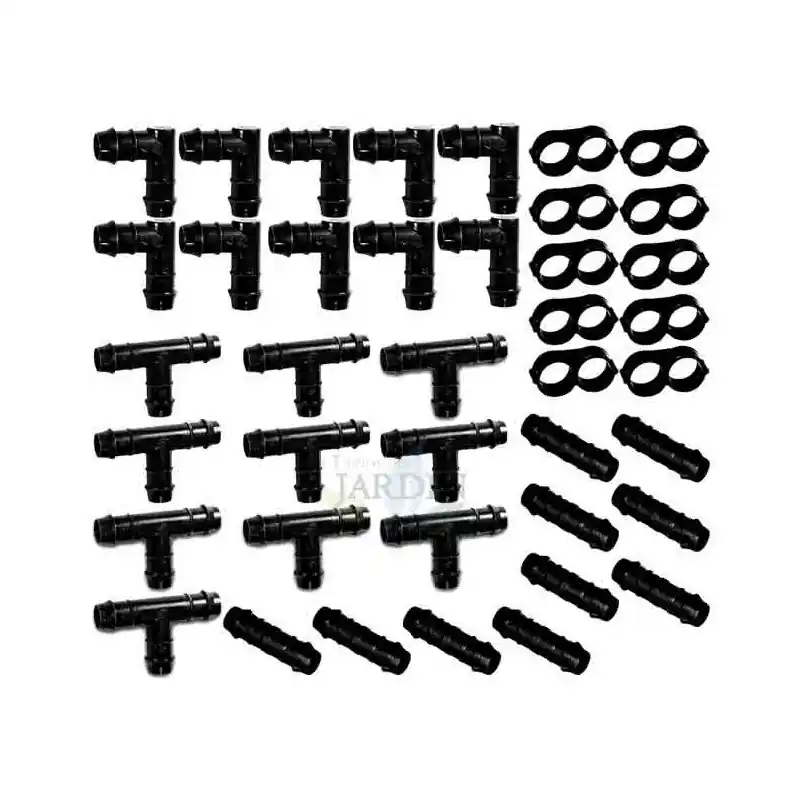 Nueva Colección Pack Accesorios para Tuberia Riego por Goteo 16 mm negro: 10 Te + 10 Codo + 10 Enlace + 10 Estrangulador