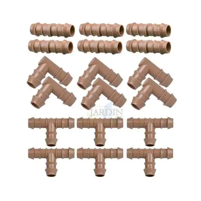 Pack Accesorios para Tuberia Riego por Goteo 16 mm marrón: 6 Te + 6 Codo + 6 Enlace Precio Económico