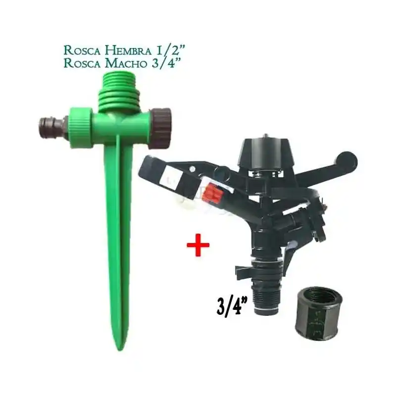 Aspersor de riego Agricola 3/4'' | Aspersores de riego cesped 13 a 18 m con Soporte | Aspersor jardin Angulo Ajustable 0 a 360º Stock Limitado