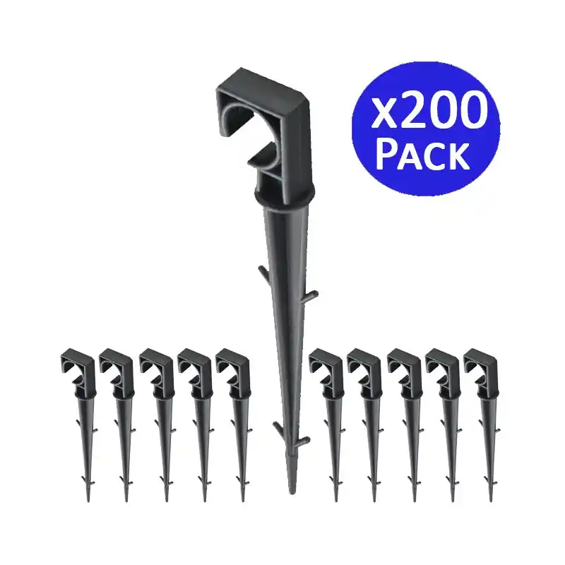 Compra Ahora Pack 200 Piquetas estacas de sujeción para tubería de goteo 16mm, negro | Impide que la tubería se levante