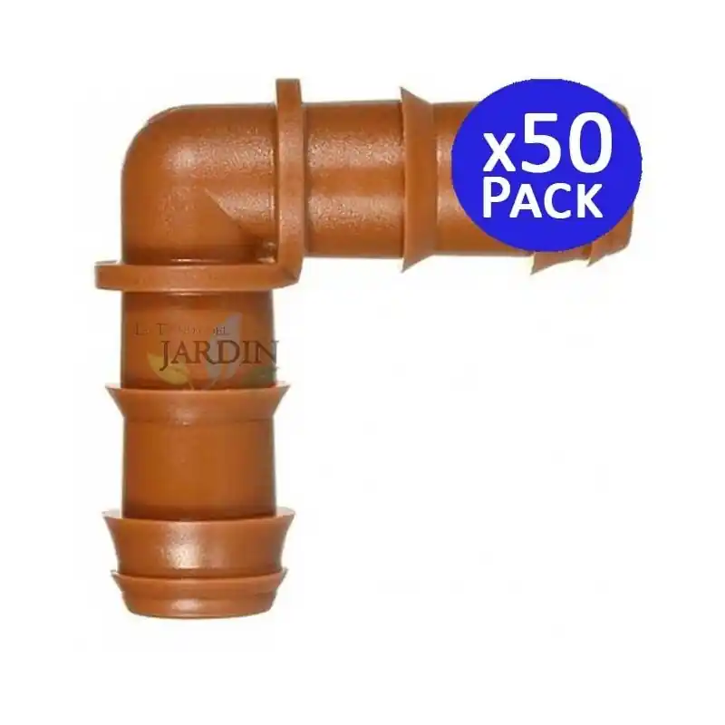 Pack 50 Codo Riego por Goteo 16mm | Codo conector tuberia 16 mm | Codo Goteo para Manguera de Riego 16mm marrón Barato