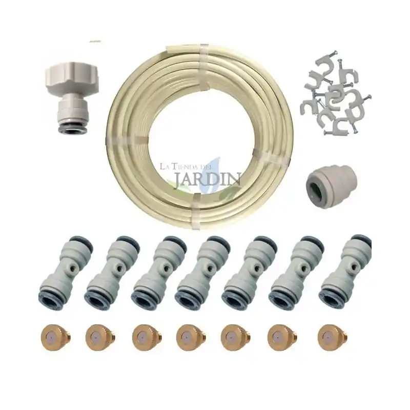 Exclusivo Kit nebulización 10 metros. Incluye tubería 3/8" + 7 te automáticas + 7 toberas + 1 tapón + 1 adaptador grifo 3/4" a 3/8"