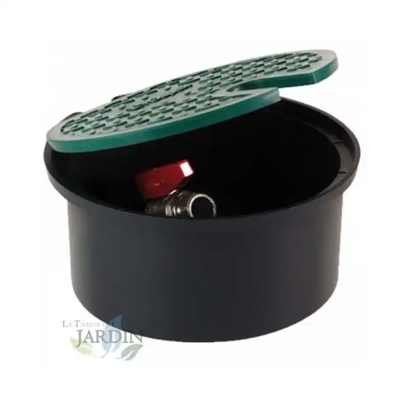 Garantía De Devolución De Dinero Arqueta de riego circular con grifo 3/4'', tapa de 20 cm, altura 11,5 cm y base 18,5 cm. Incluye válvula manual 3/4''