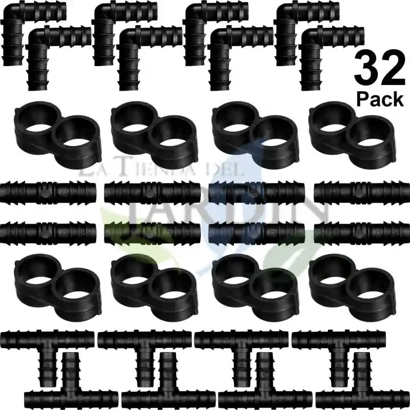 Pack Accesorios para Tuberia Riego por Goteo 16 mm negro: 8 Te + 8 Codo + 8 Enlace + 8 Estrangulador Novedad