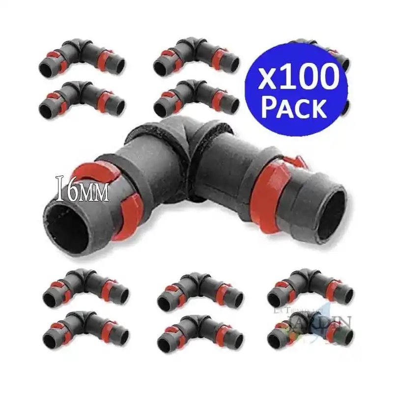 Precio Bajo Pack 100 Codo Riego por Goteo 16mm Anilla de Seguridad | Codo conector tuberia 16 mm | Codo Goteo para Manguera de Riego 16 mm