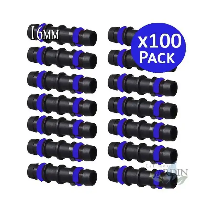 Pack 100 Enlace Riego por Goteo 16mm Anilla de Seguridad| Manguito conector tuberia 16 mm | Enlace Goteo para Manguera de 16 mm Imprescindible (Must-Have)