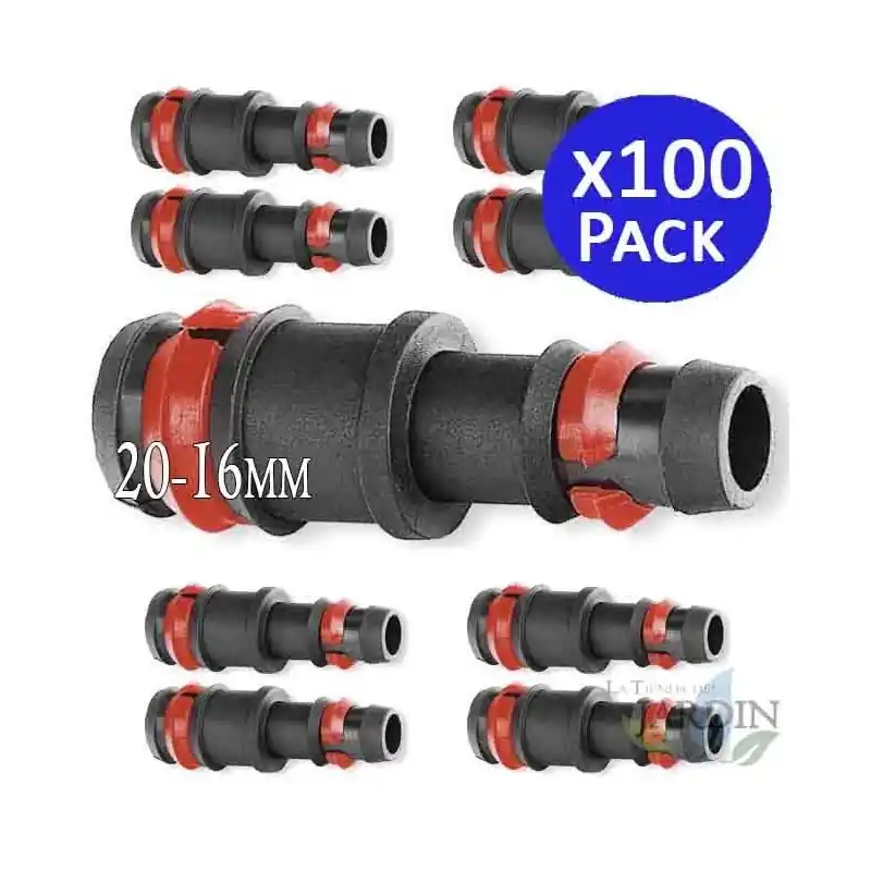 Compra Ahora Pack 100 Enlace Riego por Goteo 20mm a 16mm Anilla de Seguridad| Manguito conector riego tuberia 16 mm a tuberia 20 mm