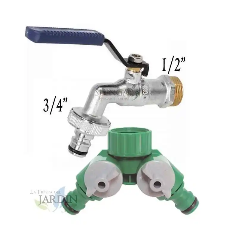 Hecho A Mano Grifo de Jardín 1/2" Metal + Bifurcador 2 Salidas - Conexión de Mangueras y Sistemas de Riego
