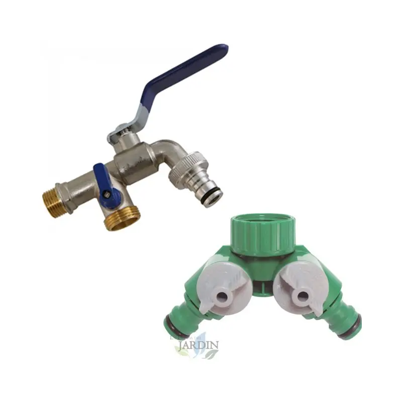 Favorito De Clientes Grifo de Jardín con Doble Salida Hembra 3/4" + Bifurcador 2 Salidas - Conexión para Riego y Mangueras