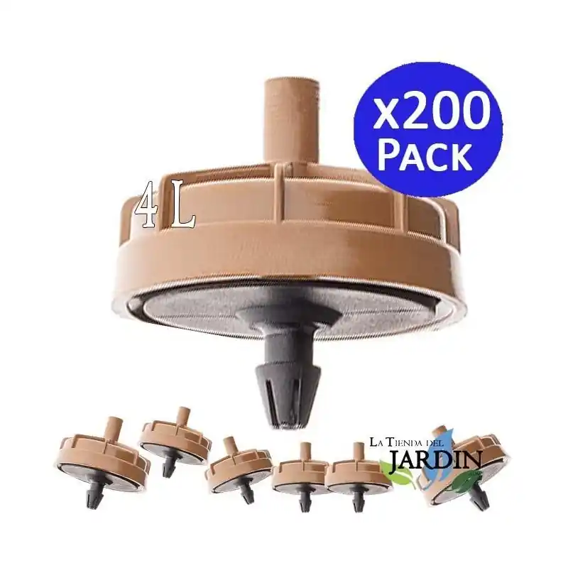 Pack 200 Gotero Autocompensante 4 Litros, Goteros Seta No desmontables para Riego, Plantas, Agricultura, Tuberia 16mm Premium