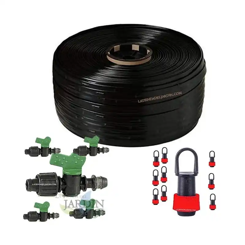 Cinta de Riego por Goteo 16mm 250m, Goteros Cada 30cm + 5 Llaves Conexión a Tubo + 10 Tapones Compra Hoy