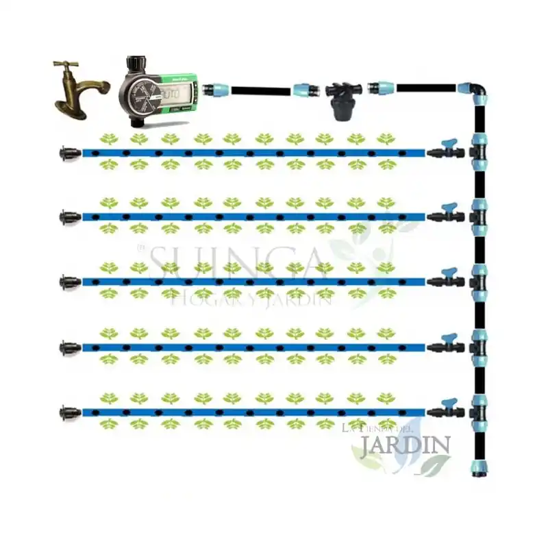 Pack Riego por Goteo Automático para Jardin hasta 100 m2. Incluye tuberia y accesorios de instalación para conexión a grifo Premium