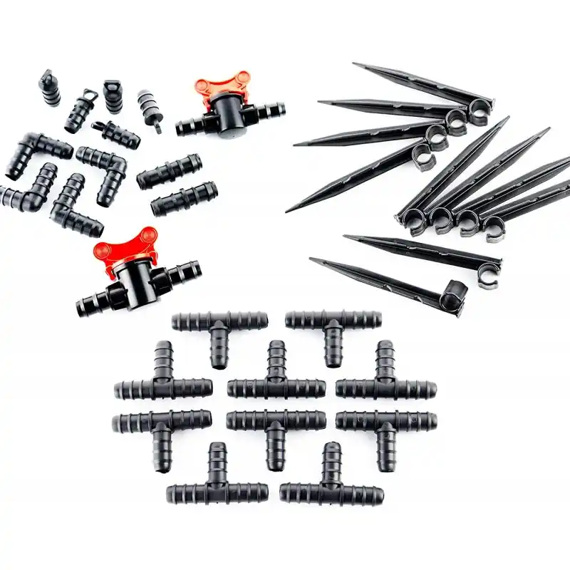 Económico Pack Accesorios para Tuberia Riego por Goteo 16 mm: 10 Te + 4 Codo + 2 Enlace + 5 Tapon + 2 Llaves + 10 Piqueta